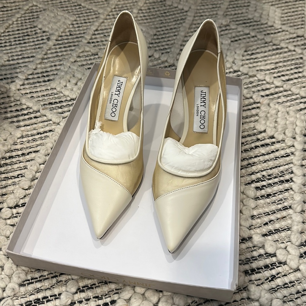 Jimmy Choo Ivory and Gold Pointed Toe Pumps